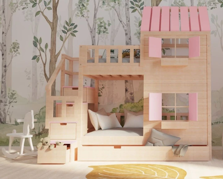 łóżko piętrowe domek ze schodami i dodatkowym miejscem do spania