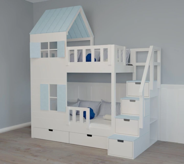 białe łóżko piętrowe domek z szufladami w schodkach