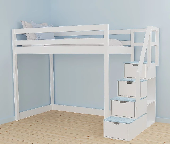 drewniane łóżko młodzieżowe na antresoli ze schodkami