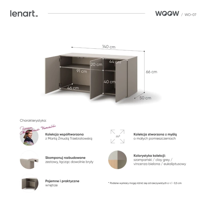 Detale i wymiary szafki WOOW – matowe wykończenie i minimalistyczne fronty
