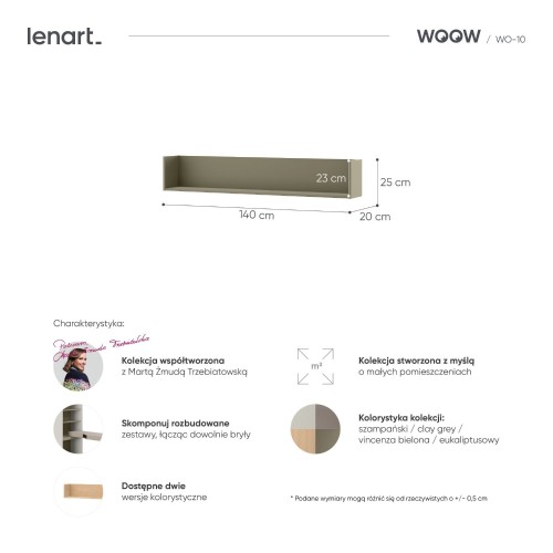 Półka WOOW w kolorze eukaliptusowym - wymiary i detale