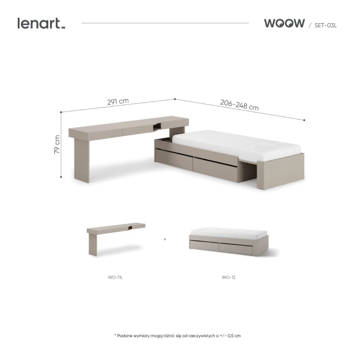 Nowoczesne łóżko z biurkiem WOOW - wymiary