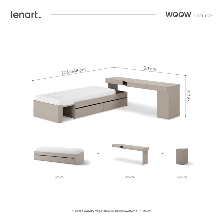 Meble WOOW – funkcjonalny zestaw 3 w 1 do małego pokoju młodzieżowego, wymiary