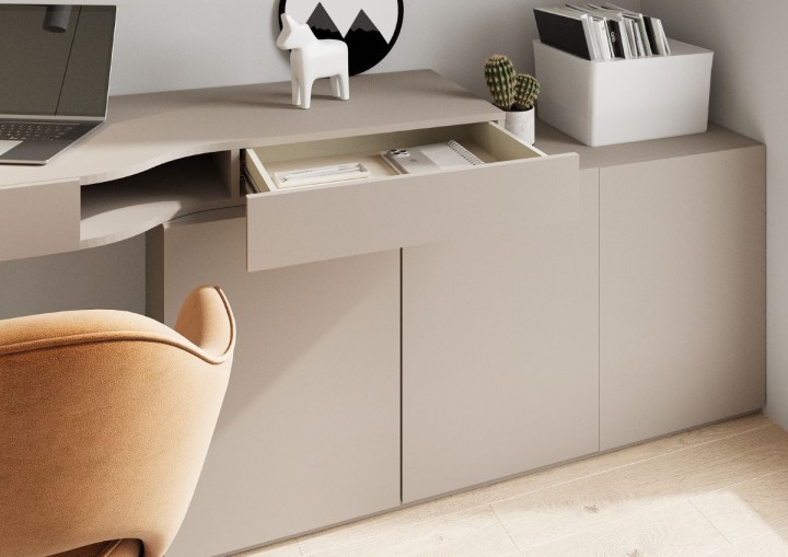 Zbliżenie na wnętrze szuflady w kolorze szampańskim, nowoczesne meble modułowe WOOW