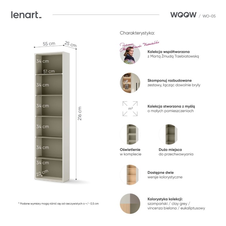 Regał wąski WOOW eukaliptus, wymiary