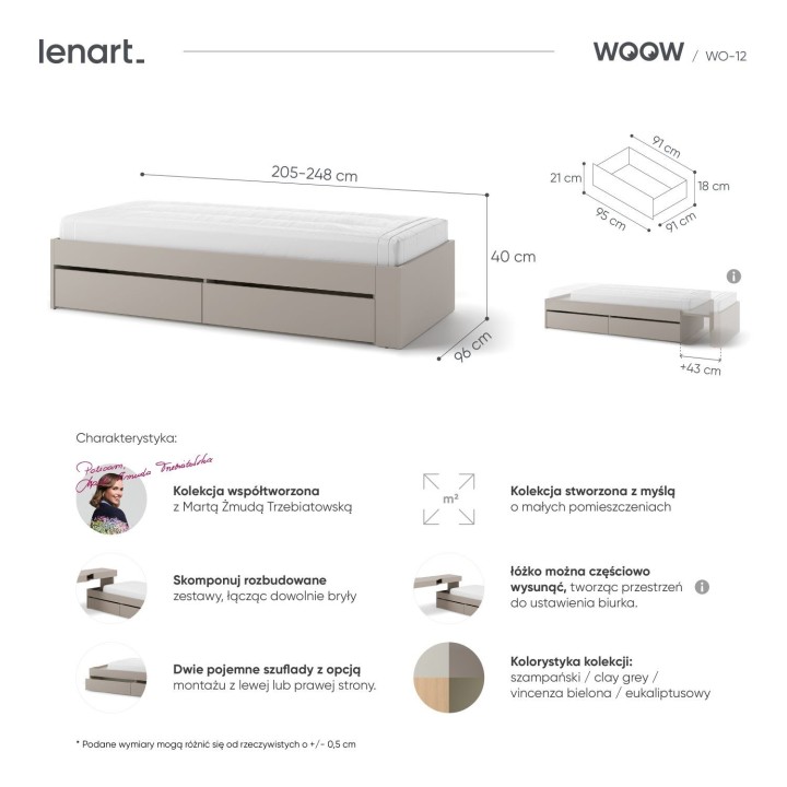 Łóżko młodzieżowe 90x200 WOOW - wymiary