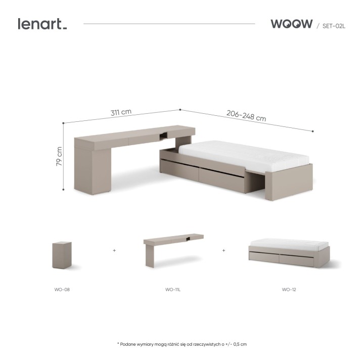 Łóżko z biurkiem i szafką WOOW - wymiary