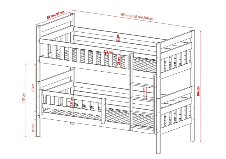 łóżko piętrowe Lumo - wymiary
