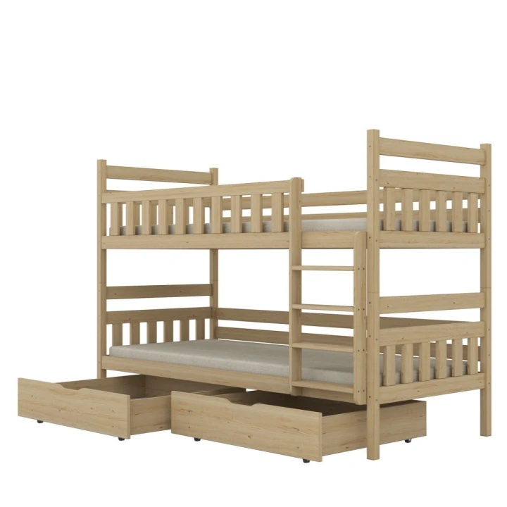 drewniane łóżko piętrowe Lumo z pojemnymi szufladami