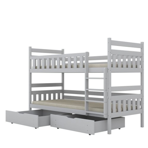 drewniane łóżko piętrowe Lumo z pojemnymi szufladami w kolorze białym