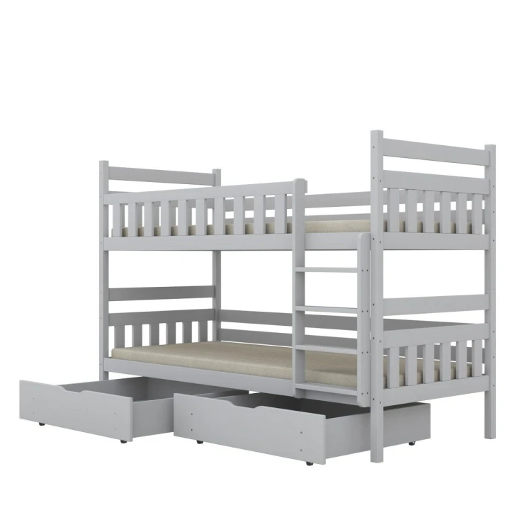 drewniane łóżko piętrowe Lumo z pojemnymi szufladami w kolorze białym