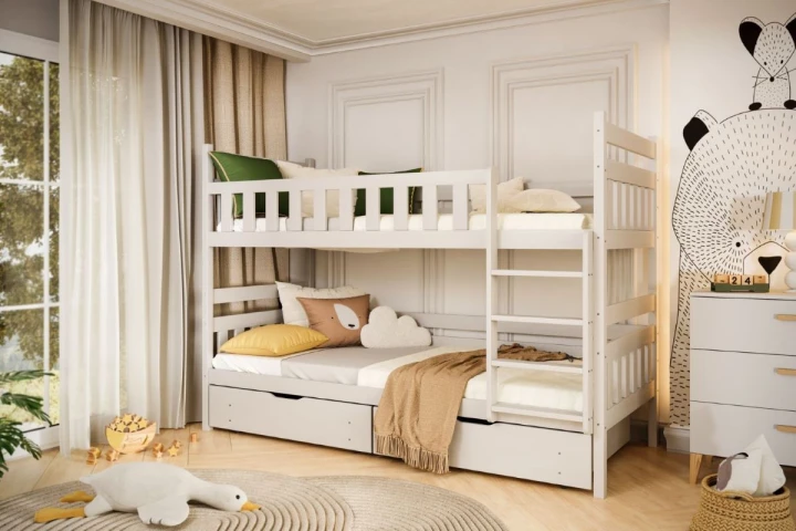 białe łóżko piętrowe młodzieżowe Lumo z miejscem na pościel