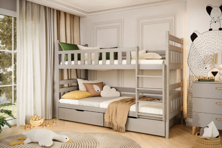 łóżko piętrowe z szufladami Lumo szare z drewna sosnowego