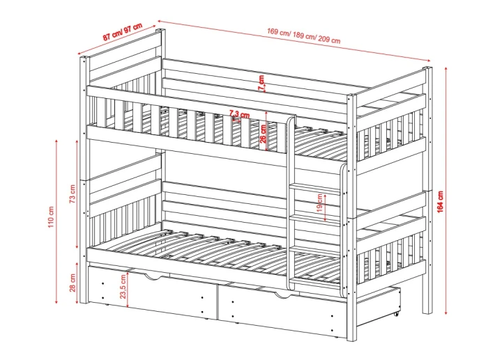 łóżko piętrowe z szufladami Lumo - wymiary