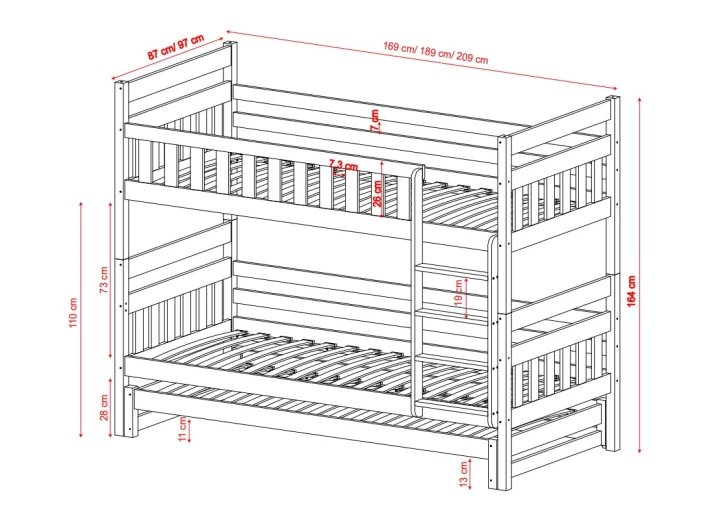 łóżko piętrowe z dodatkowym spaniem Lumo - wymiary