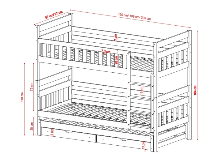 łóżko piętrowe dla trzech osób Lumo - wymiary