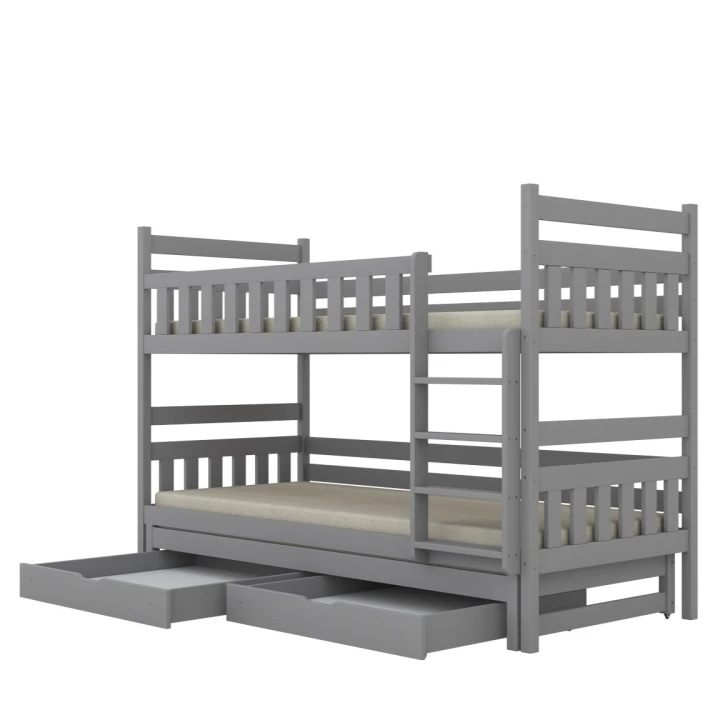 łóżko piętrowe Lumo szare trzyosobowe z pojemnymi szufladami