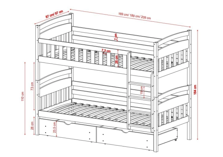 łóżko piętrowe z szufladami Milo wymiary