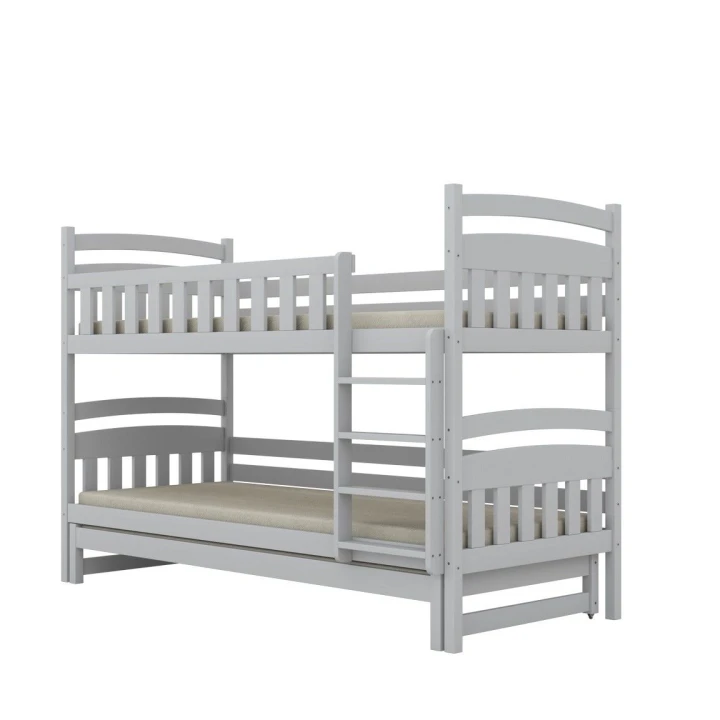 białe łóżko piętrowe dla dzieci z barierkami i dodatkowym spaniem