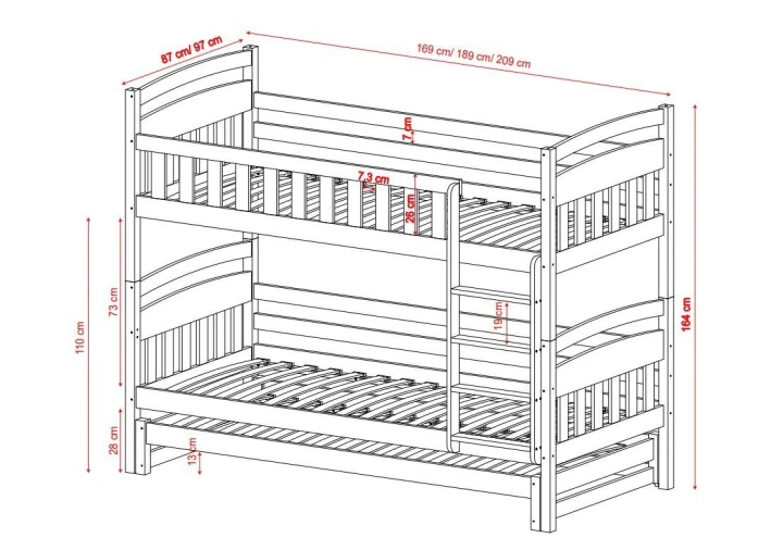 łóżko piętrowe z wysuwanym spaniem Milo - wymiary