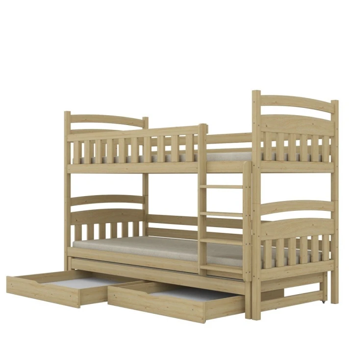 łóżko piętrowe z dodatkowym spaniem i szufladami Milo w kolorze naturalnym