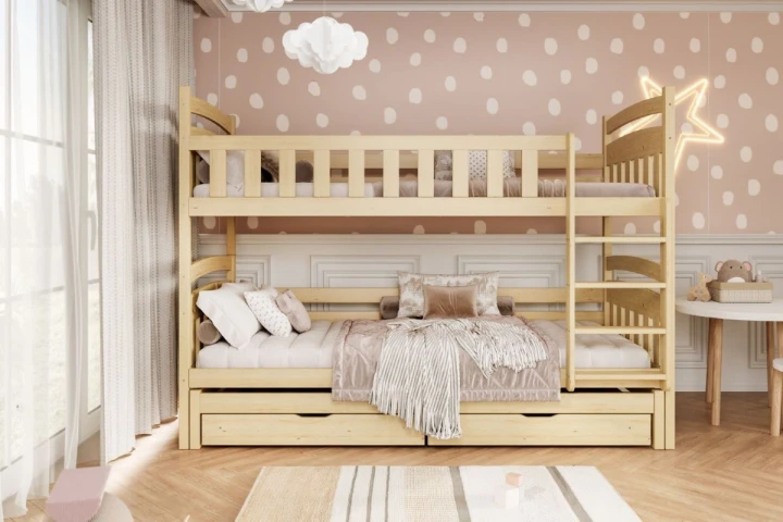 łóżko piętrowe z dodatkowym spaniem i szufladami Milo w kolorze naturalnym - aranżacja pokoju dziecka