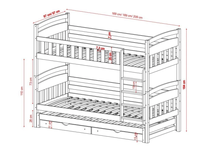 łóżko piętrowe dla dzieci z szufladami i wysuwanym łóżkiem - wymiary
