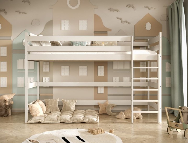 białe łóżko na antresoli Nubo-2 - aranżacja pokoju w stylu skandynawskim