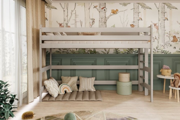 łóżko na antresoli Nubo z drabinką z boku w kolorze szarym w pokoju dziecka