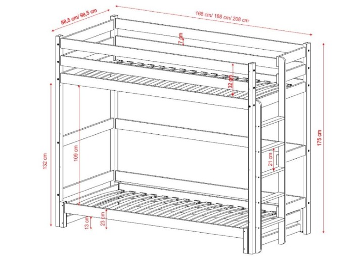 łóżko na antresoli z dodatkowym spaniem Nubo - wymiary