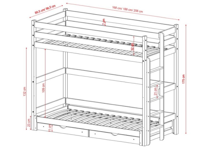 łóżko na antresoli z dodatkowym spaniem i szufladami Nubo - wymiary