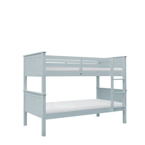 Skandynawskie łóżko piętrowe Collet z frezowanymi płycinami i drewnianą ramą