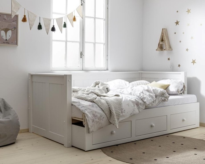 Łóżko rozkładane Dessi z trzema szufladami w białym kolorze