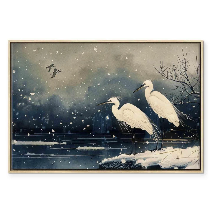 Obraz - Czaple nad zimowym stawem - ilustracja w stylu japońskiego w ciemnej kolorystyce
