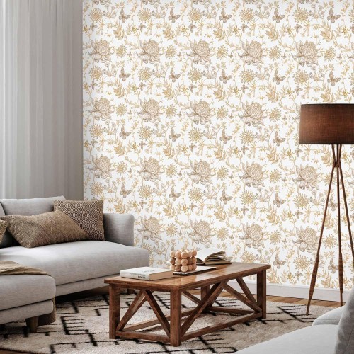 Tapeta - Beżowe kwiaty i motyle na białym tle