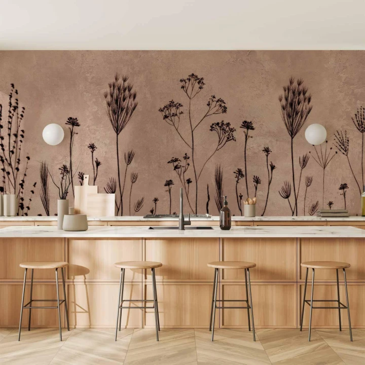 Fototapeta - Polne kwiaty - czarne rośliny na tle w technice lime wash