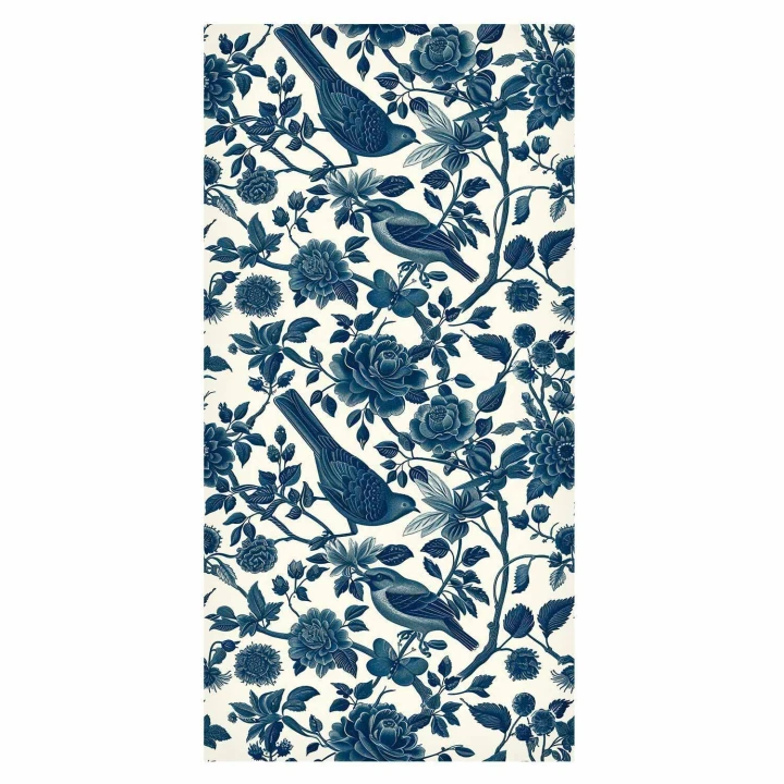 Tapeta - Ptaki i róże - monochromatyczny niebieski wzór z botanicznym motywem