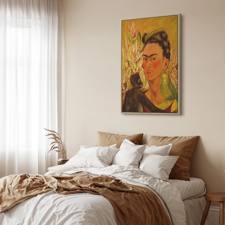 Obraz - Frida Kahlo – Autoportret z małpą i papugą