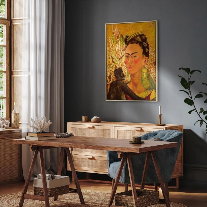 Obraz - Frida Kahlo – Autoportret z małpą i papugą