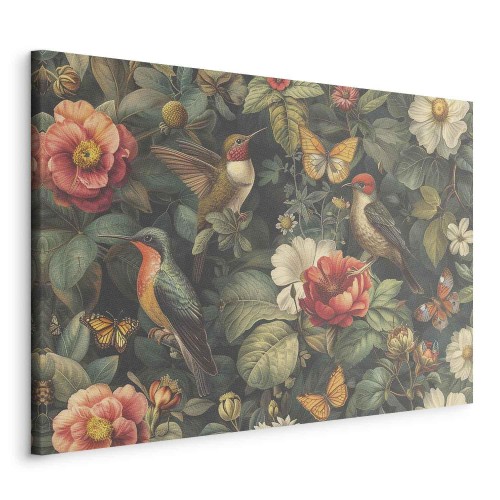 Obraz - Kwiaty, ptaki i motyle - ilustracja w stylu vintage