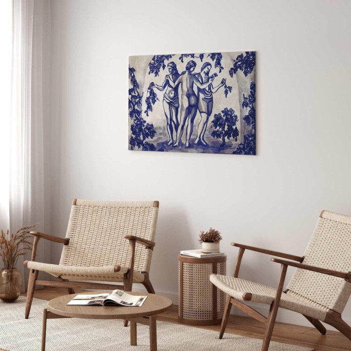 Obraz - Antyczna winnica - trzy kobiety w portalu malowane niebieskim tuszem