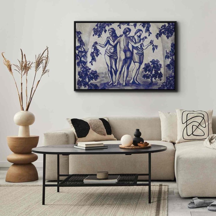 Obraz - Antyczna winnica - trzy kobiety w portalu malowane niebieskim tuszem