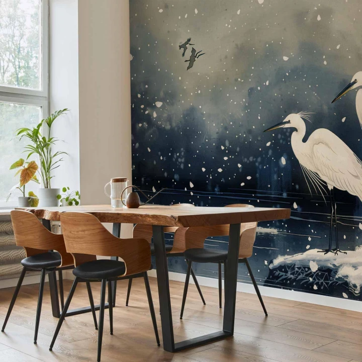 Fototapeta - Czaple nad zimowym stawem - ilustracja w stylu japońskiego w ciemnej kolorystyce