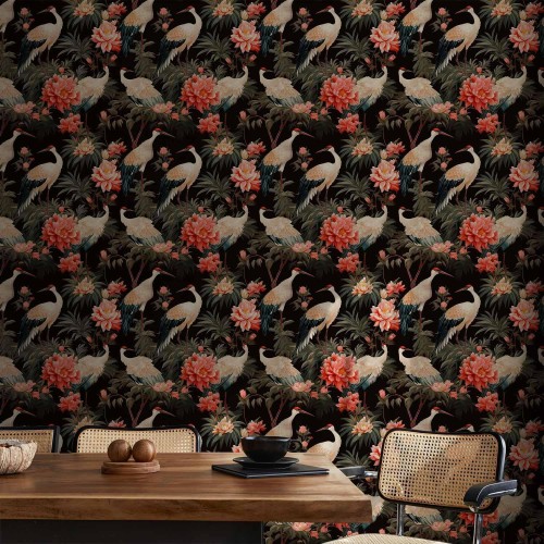 Tapeta - Ornament z ptakami - sylwetki żurawi i kwiaty piwonii na ciemnym tle