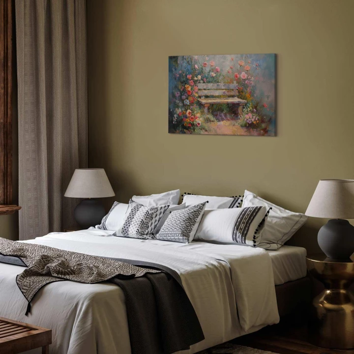 Obraz - Kwiecista ławeczka - obraz w stylu impresjonistycznym pełen kwiatów