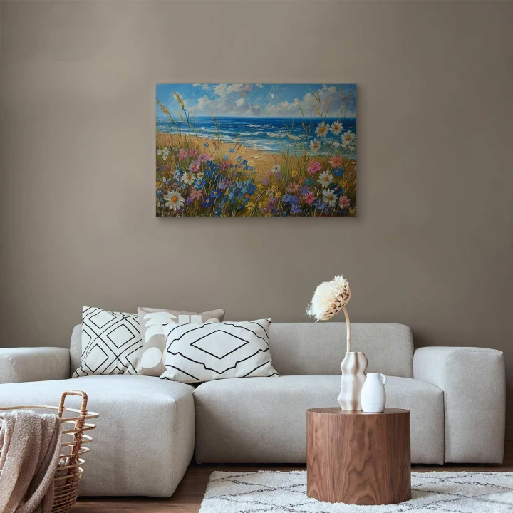 Obraz - Morski krajobraz - polne kwiaty i widok na wzburzone morze