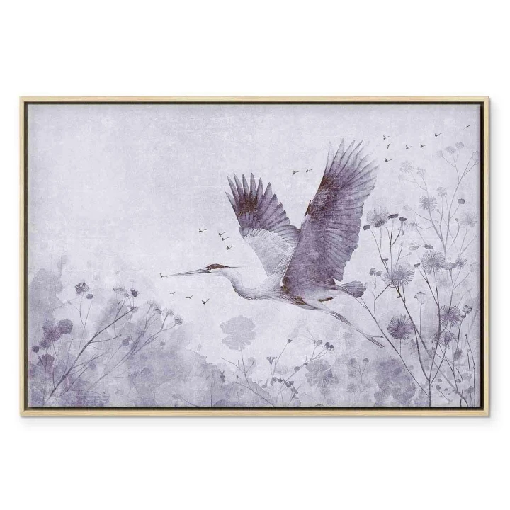 Obraz - Majestatyczny lot - żuraw w locie w monochromatycznej, chłodnej kolorystyce