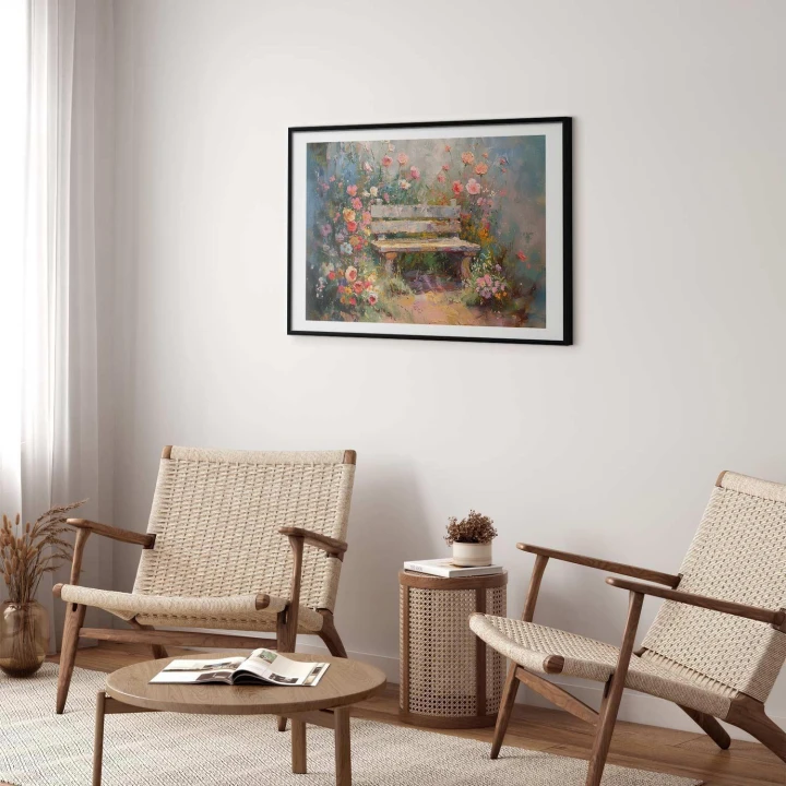 Plakat - Kwiecista ławeczka - obraz w stylu impresjonistycznym pełen kwiatów