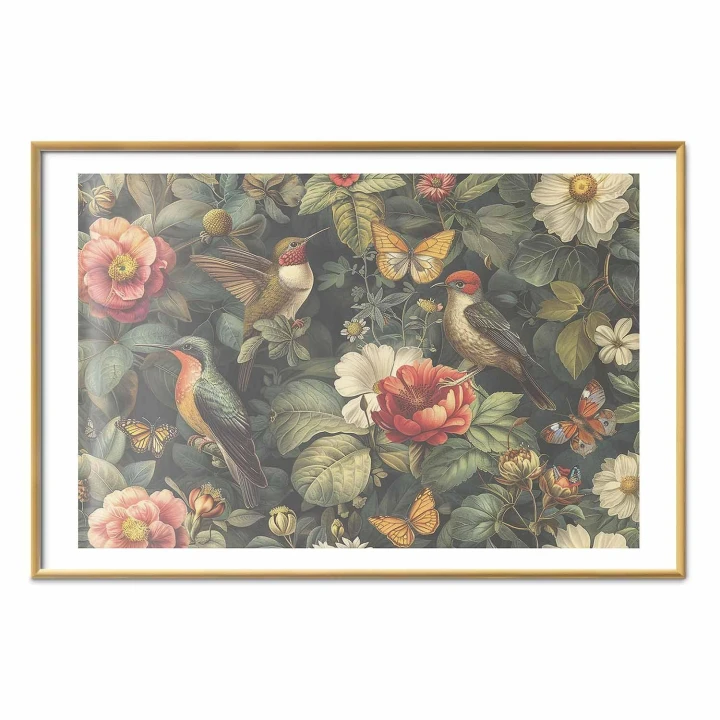 Plakat - Kwiaty ptaki i motyle - ilustracja w stylu vintage