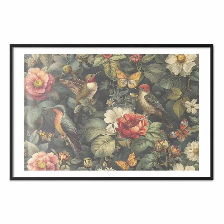 Plakat - Kwiaty ptaki i motyle - ilustracja w stylu vintage